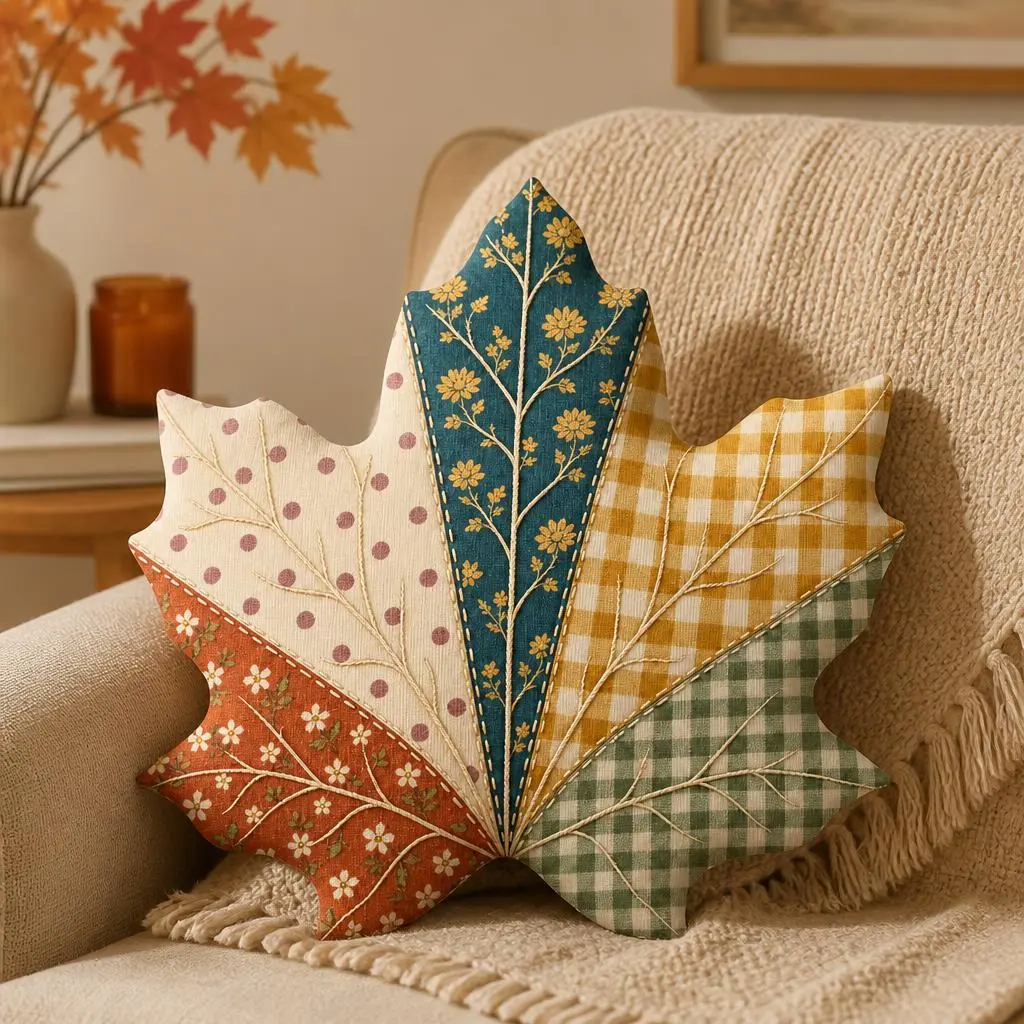 Autumnal Maple Leaf Shaped Throw Pillow Fall Harvest Patchwork Cushion Stuffed Decorative Pillow for Sofa Home Decor Gift