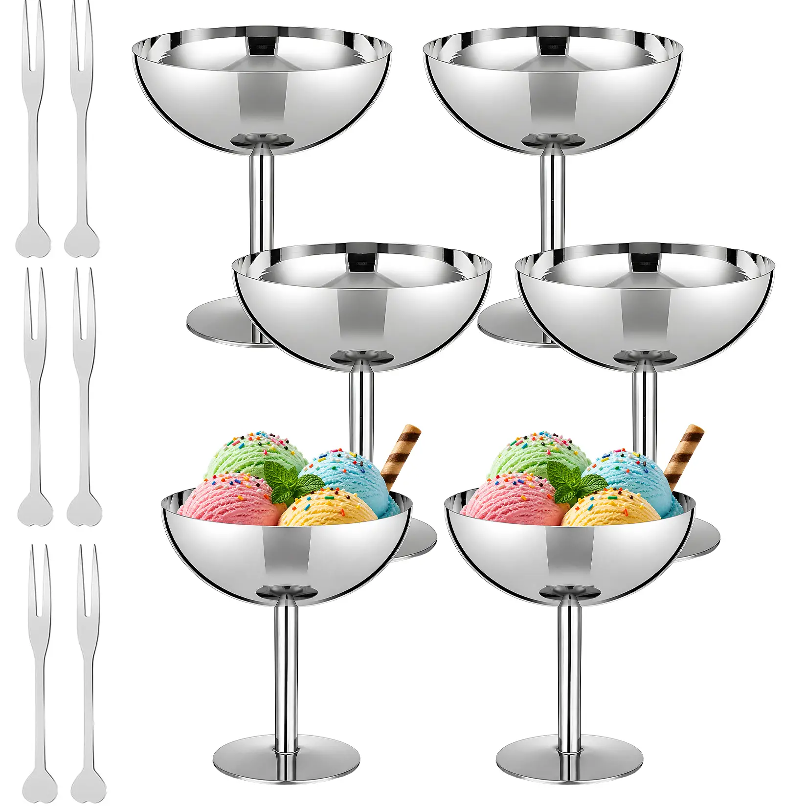 6 Pack Shatterproof Stainless Steel Dessert Cups with Mini Forks, 304 Metal Ice Cream Bowls, Stemmed Goblets for Parfait & Fruit Salad