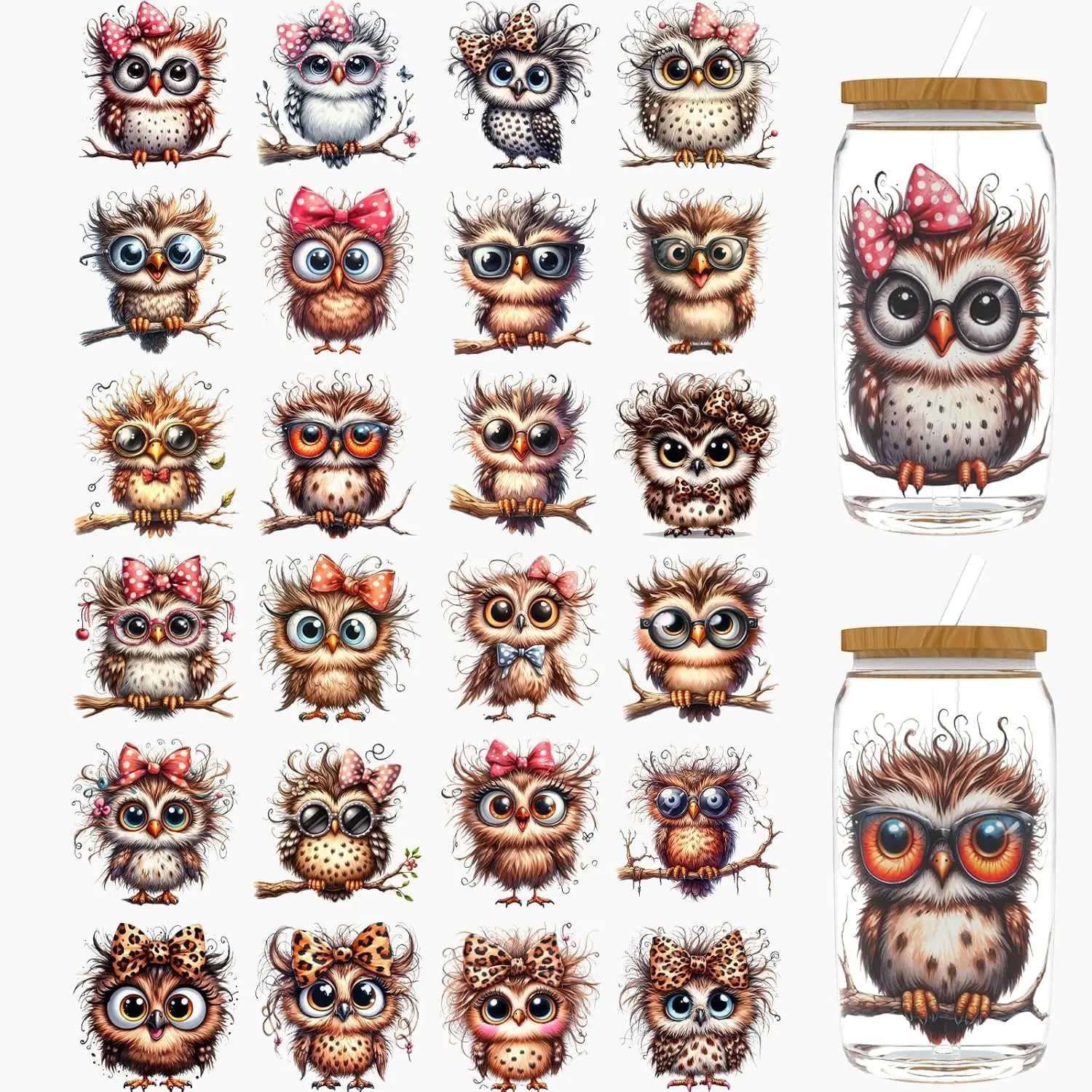 24 count Owl UV DTF Cup Wrap,UV DTF Cup Wraps for 16 oz,Glasses,Tables,Chairs,Computers,High Viscosity UV DTF Transfer Paper