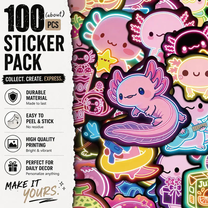 100PCS Neon Axolotl Aesthetic Vinyl Stickers Pack for Laptop Water Bottle Phone Case Skateboard Journal Scrapbook DIY Decoration