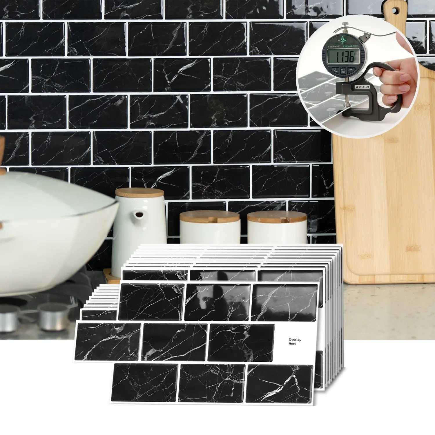 10PCS D00 Epoxy PVC Tile Stickers, Decorative Tiles Sticker, Black Marble Vein Rectangle Self-Adhesive Subway Backsplash, Waterproof Oilproof Peel And Stick Splashback Wall Stickers, DIY Decor For Kitchen, Bathroom, Bedroom, Office, Tile & Wood Surfaces