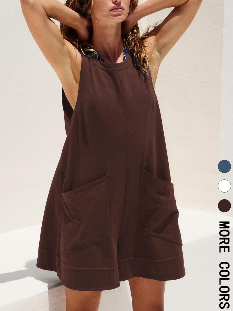 Women's Plain   Pocket   Romper, Casual Sleeveless Romper for Summer, Women's Clothing for Daily Wear