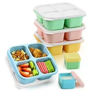 Lunchable Snack Containers - 4 Compartments Bento Snack Boxes (4 Pack) with 2 Leakproof Sauce Containers, Reusable Divided Food Containers for School, Work, Travel (Vintage Colors)