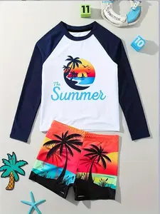 Boys' Fashion Tropical Palm Tree Print Two-Piece Swimsuit, Swimsuit Style, Casual Loose-Fitting Short Sleeve Swimwear, Kids Summer Beachwear, Swimsuits with Shorts, Swimwear Sets