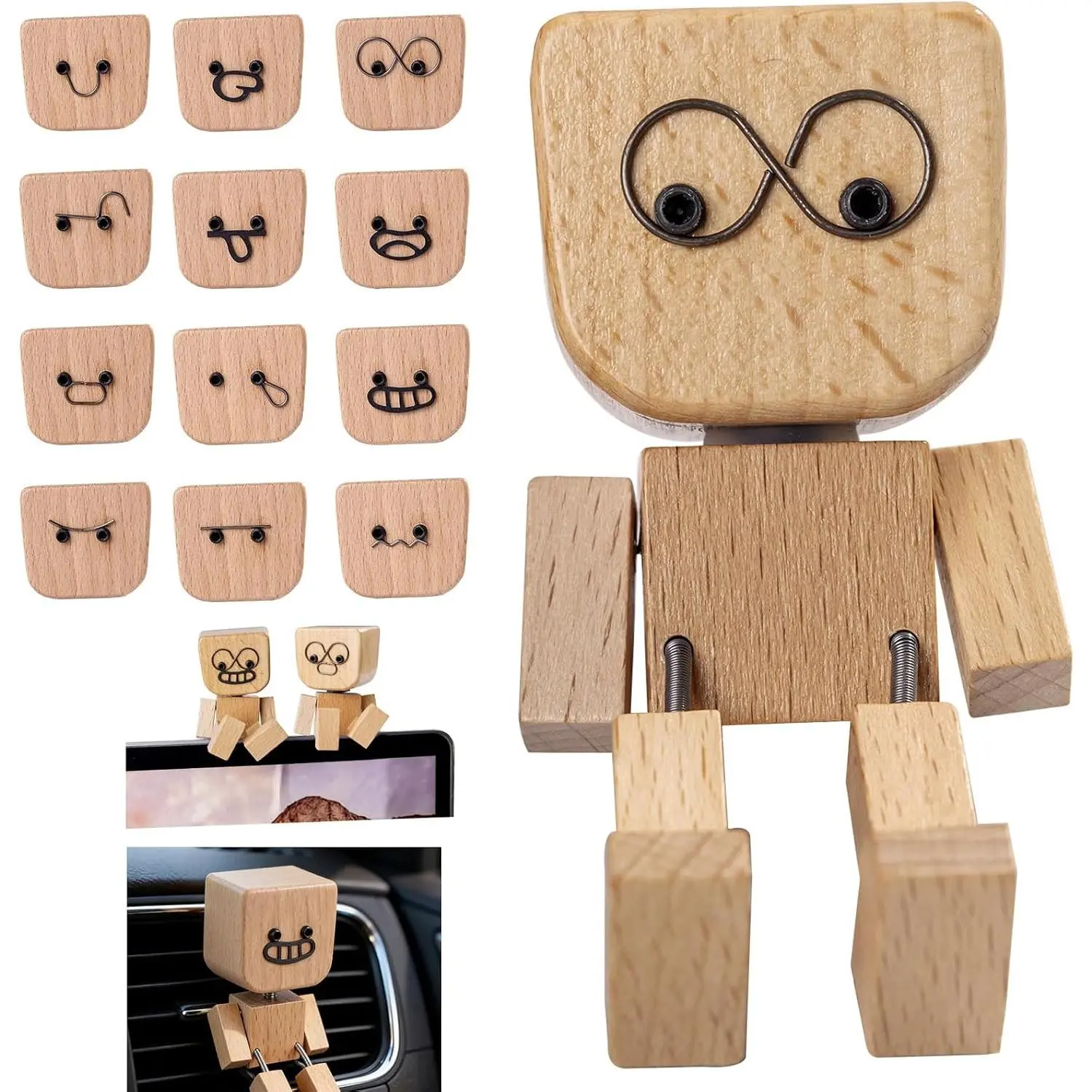 Shaking Wooden Man Figurine with 12  Rich Expressions- Shaking  Wooden Doll Charming Figurine for Office & , Fun  Decor for Dashboard and Interior