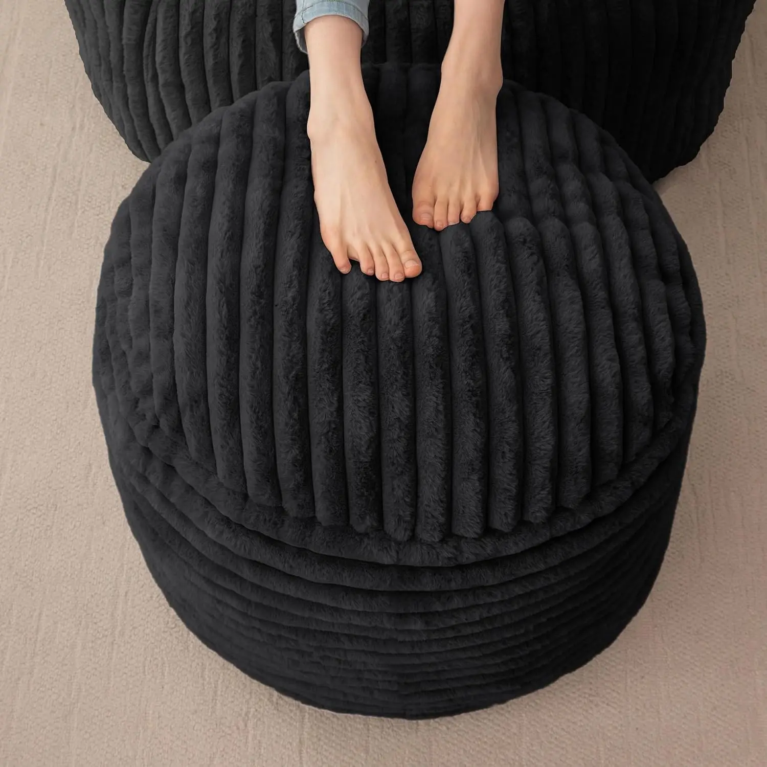 Round Stuffed Pouf Ottoman, Corduroy Poufs with High-Density Foam Filling, Furry and Fluffy Pouf Foot Stool Storage Ottoman, 20 X 15 Floor Poufs Foot Rest for Living Room, Black