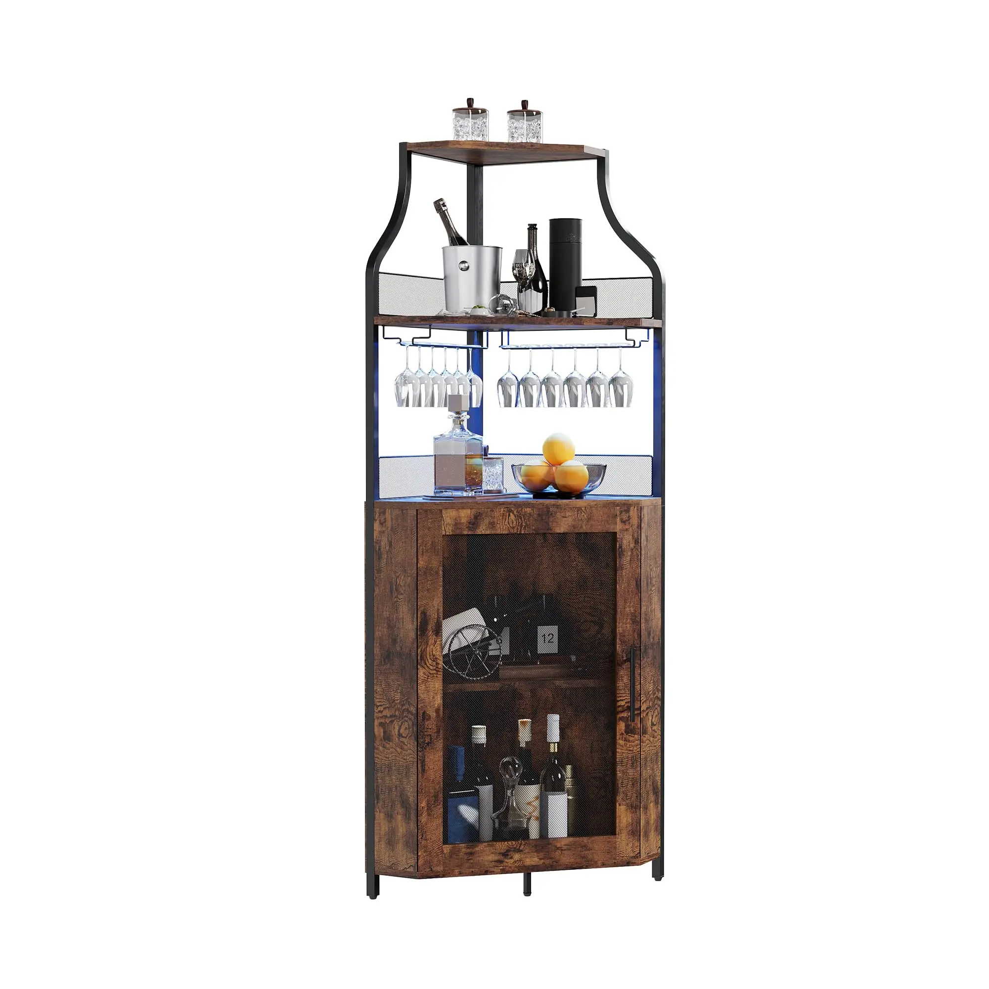 GARVEE Vintage Brown Corner Bar Cabinet with LED Lights – 5-Level Adjustable Shelves, Removable Glass Shelf, Mesh and Glass Doors – Elegant Liquor Storage and Display Buffet