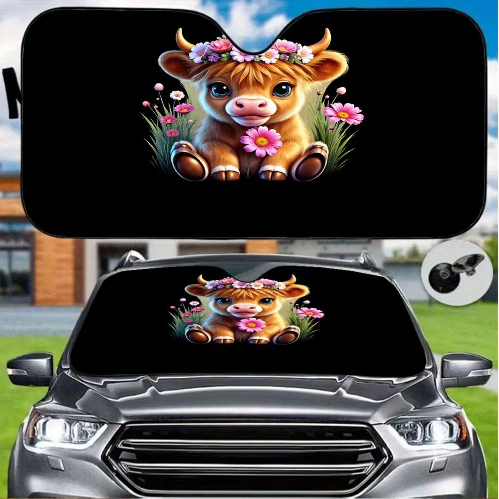 1pc Highland Cow with Flower Crown Print Windshield Sunshade, Sun Cover for Car Windshield, UV Protection to Keep Car Cool, Foldable for Easy Storage Interior Accessory with Elastic Straps, Fits Most Car Models, Gift for New Owners on Valentine'S Day