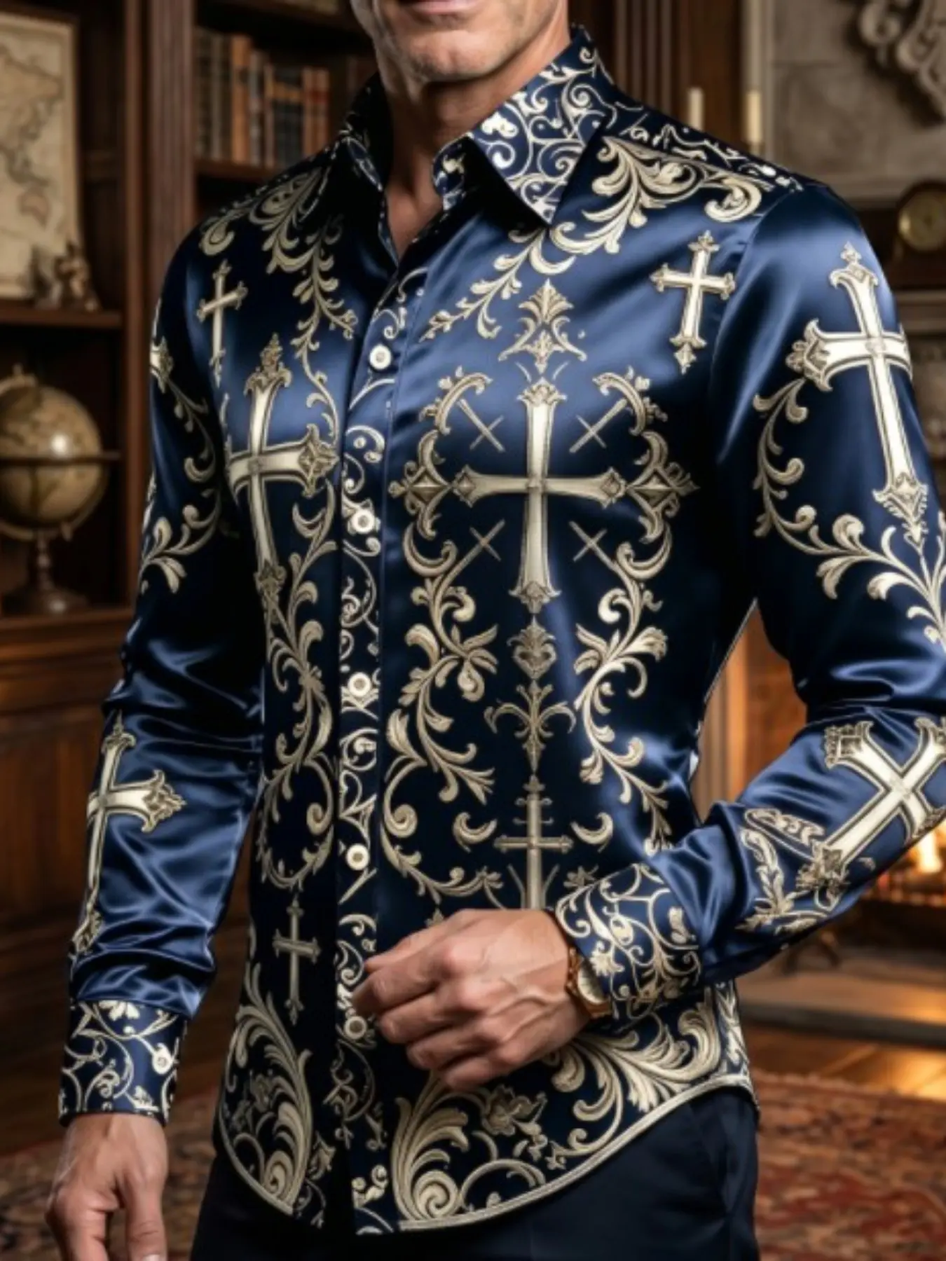 Luxury Satin Men's Long Sleeve Shirt, Navy Baroque Cross Floral Print Collared Shirt, Retro Slim-Fitting Top, All Seasons Wear