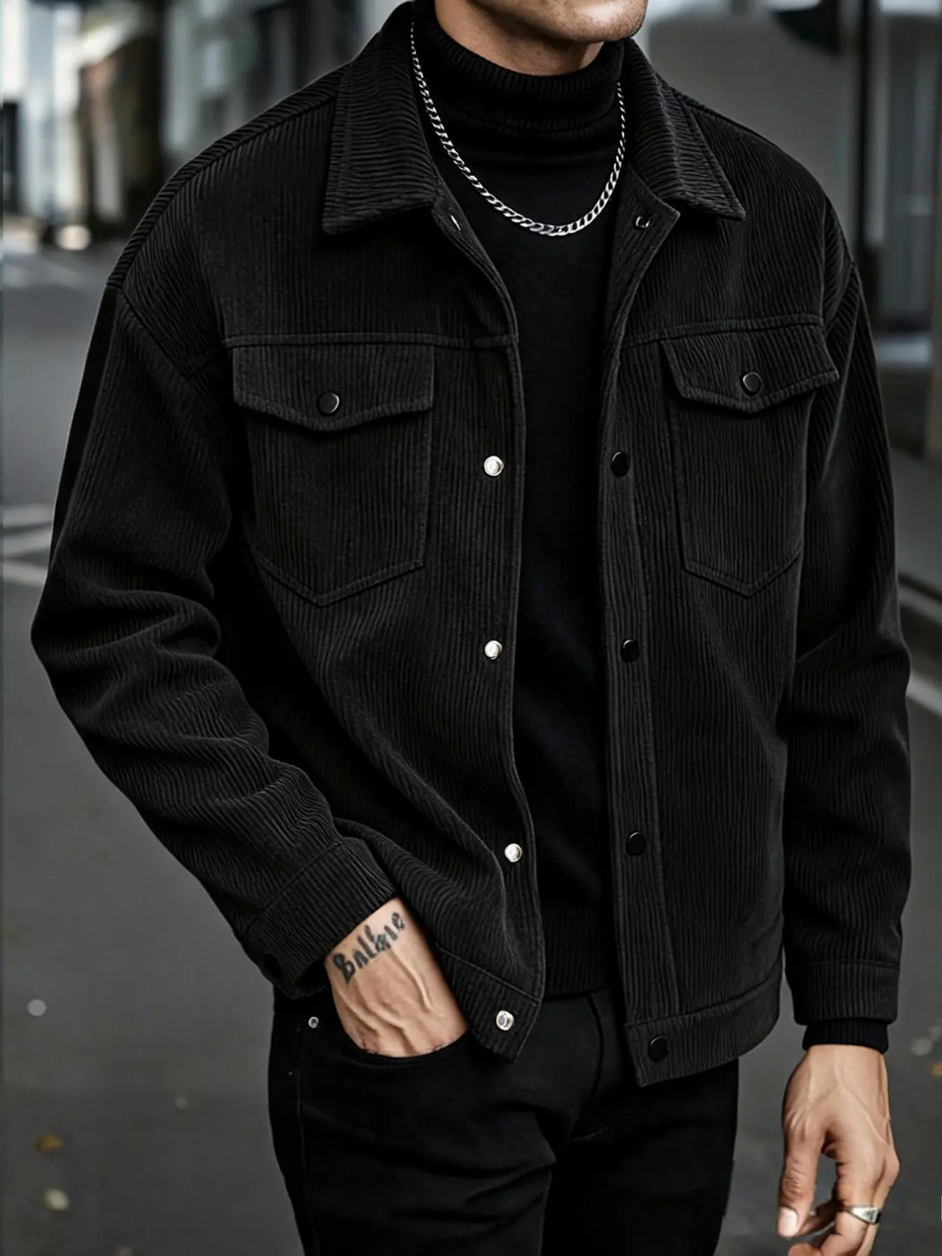 Vintage Corduroy Work Jacket, Soft Vertical Texture Fabric, Stand Collar Dual Pockets, Perfect for Daily Commute and Streetwear