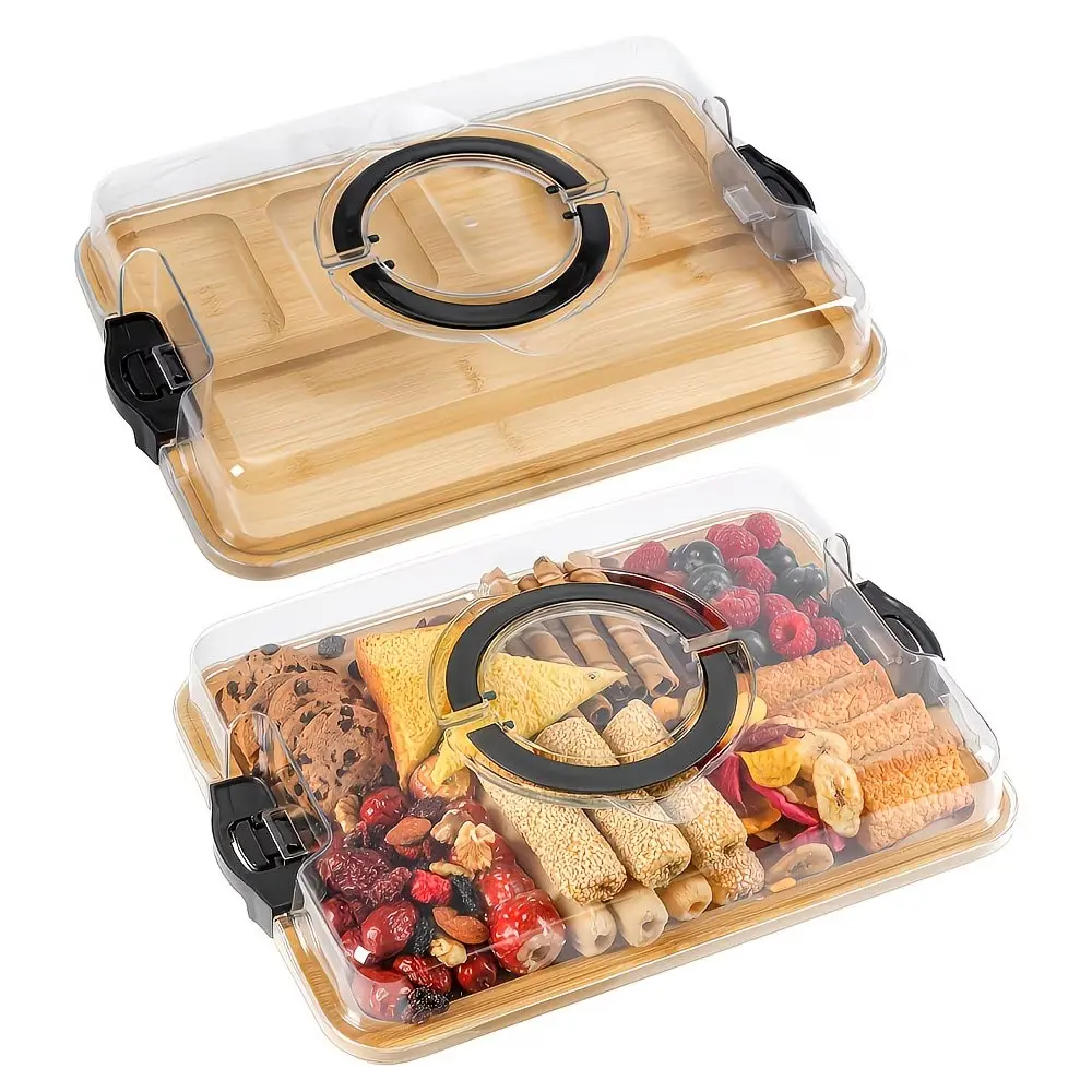 Bamboo Food Tray with Transparent Lid, Cheese Board with Handles and Lock Cover, 5 Compartments, Portable Snack Tray for Parties, Picnics, Camping