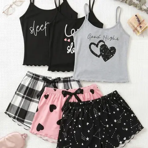 3-Piece Set, Letter Heart Print Spaghetti Strap Tank Top Shorts Pajamas, Trim Ruffle Design, Sweet Cool Girl Aesthetic Style, Breathable Home Sleepwear