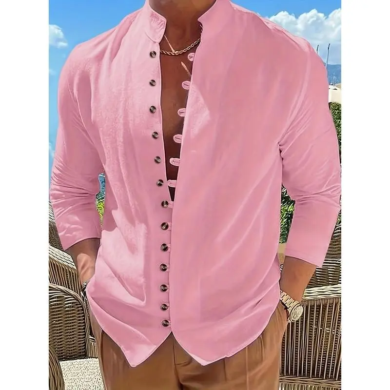[Vintage Cotton Shirt] Soft Vintage Cotton-Blend Men's Casual Shirt | Relaxed Fit Long Sleeve Button-Up with Stand Collar & Chest Pockets, Solid Black, All-Season Versatile Wear, Gift for Eld, Gift for Ramadan