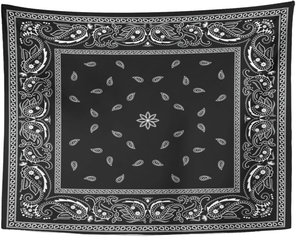 Durable Decorative Tapestry - Emvency Polyester Wall Hanging with Colorful Paisley Black Pattern, Bandanna Border, White Design, Peach & Animal Accents - Home Decoration for Living Room, Bedroom (40X30in (102X76cm))