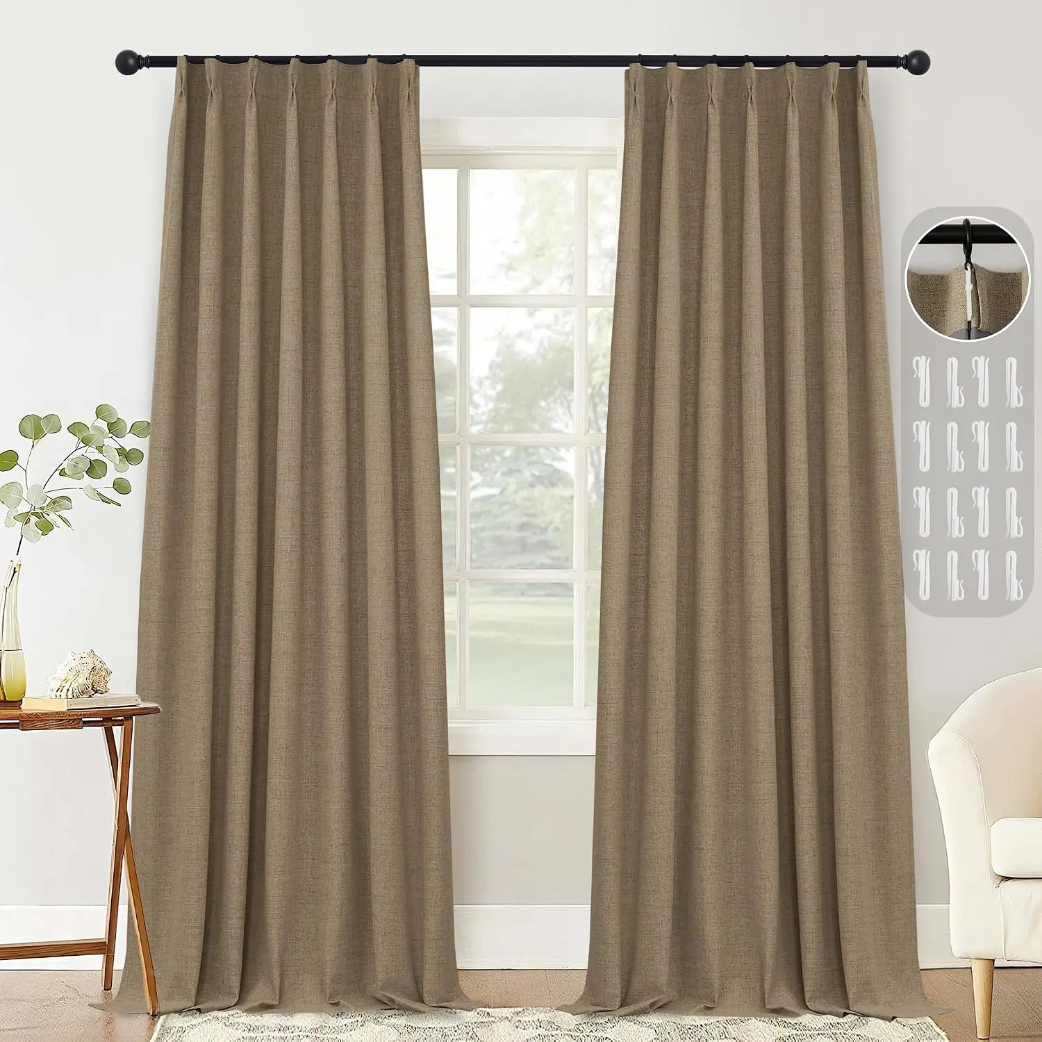 Blackout Curtains Pinch Pleated Linen 84 Inches Drapes | Burlap Linen Thermal Insulated Rustic Curtains, Boho Soundproof Room Divider Study Bedroom Living Room, W40 x L84, 2 Panels