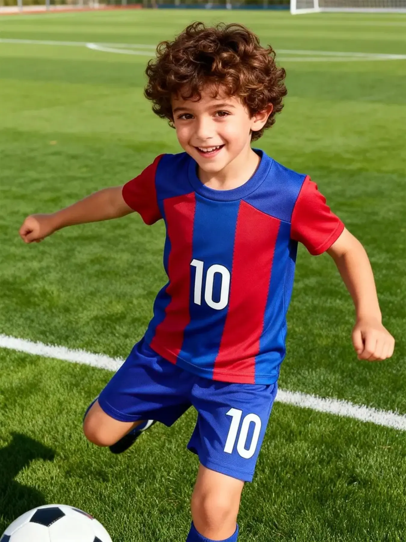 Blue Vertical Stripes Kids Football Set, Top and Shorts, Number, Boys' Sportswear Two-Piece Set, Casual Graphic Style, Athletic Set