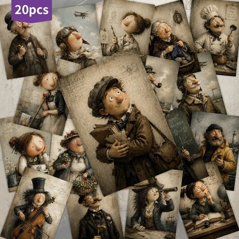 20pcs Vintage Art Postcard Retro Illustration Collectible Decorative Cards Scrapbooking Junk Journal Crafting Collage DIY Supplies Aesthetic Ephemera Greeting Card Set