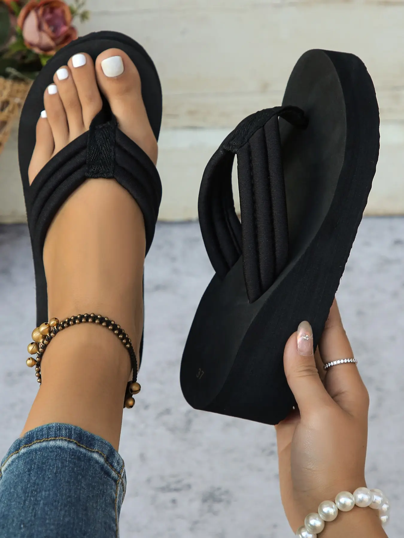 Simple Pure Wedge Sandals, Soft Fabric Slippers, Casual Versatile, Short Trip Home Use, Lazy Cool Flip Flops