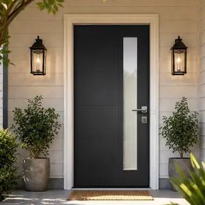 ARCH 36x80 Fiberglass Front Door with White PVC Frame Left-Hand Inswing Exterior Entry Door with Brickmould Contemporary Brushed Skin Grooved Line Frosted Glass Black Durable Weatherproof Insulated for Home Entrance, Black Color Options
