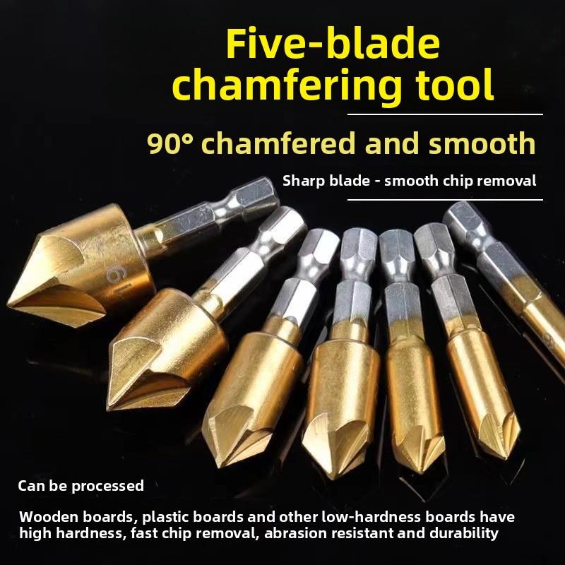 Six-piece woodworking chamfering tool set, five-blade chamfering knife, wood countersink drill, deburring tool, woodworking hole opener set