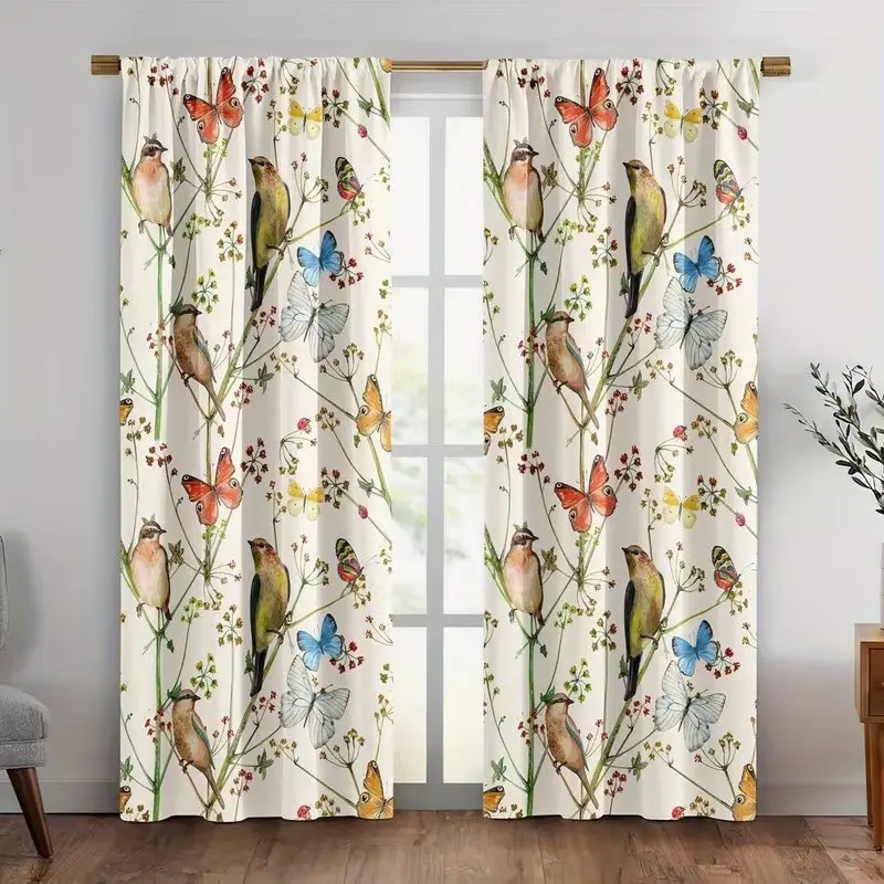 2 Piece Polyester Animal Theme Curtains, Bird Butterfly Flower Pattern Rod Pocket, Bedroom and Living Room Decor, Drapes for Home Decoration