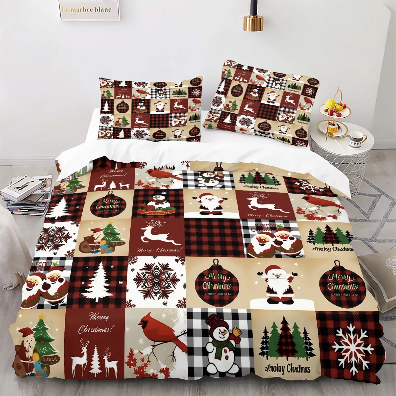 Christmas Holiday 3‑Piece Duvet Cover Set, Xmas Gnome Snowman Santa Reindeer Patchwork Plaid Print Bedding, Soft Polyester Seasonal Home Bedding, Machine Washable, Comforter Not Included