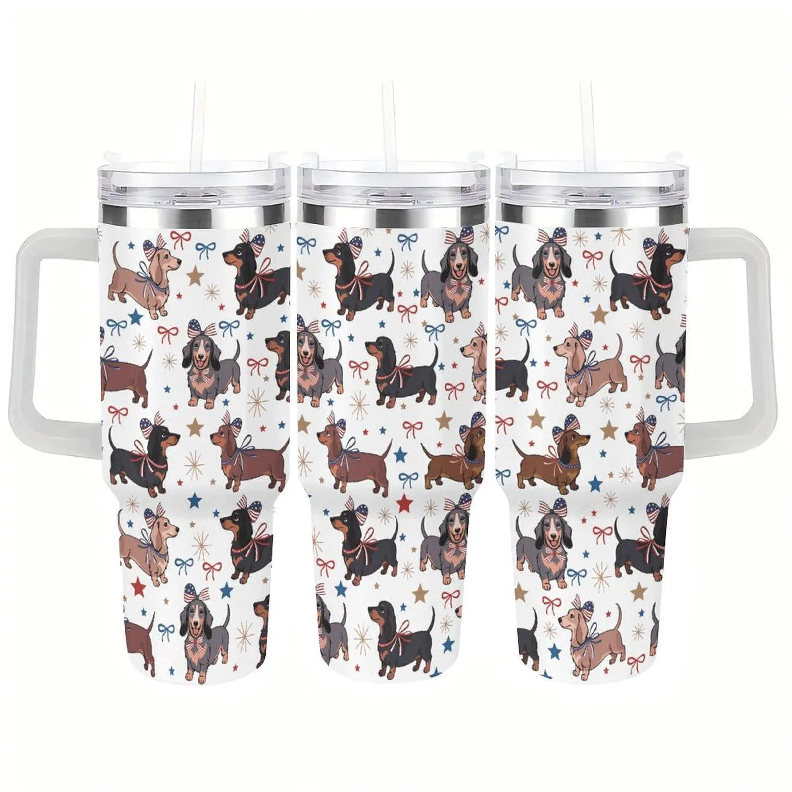 Cute Dachshund Tumbler, Patriotic Dog Print Insulated Travel Mug with Handle, 40oz Stainless Steel Vacuum Cup for Coffee, Water and Iced Drinks, USA Style Summer Drinkware Gift for Women, Men, Dog Moms and Dog Lovers