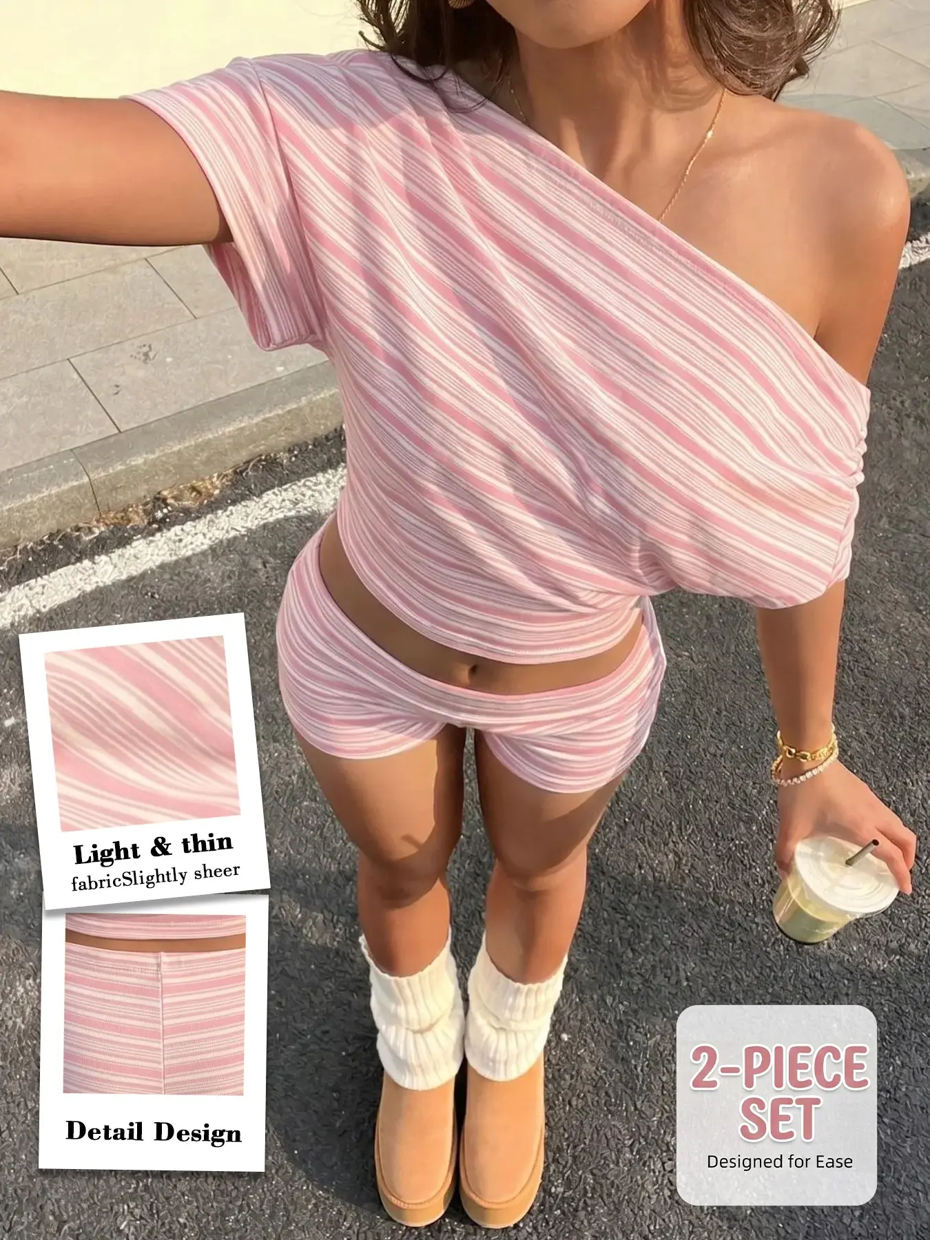 Women's Pink White Striped Off Shoulder 2 Piece Short Set Top, Y2K Sweet Slim Matching Co Ord Outfit For Summer Beach And Coffee Date #springsaledeals2026 #beachwear #womensfashion #y2kstyle