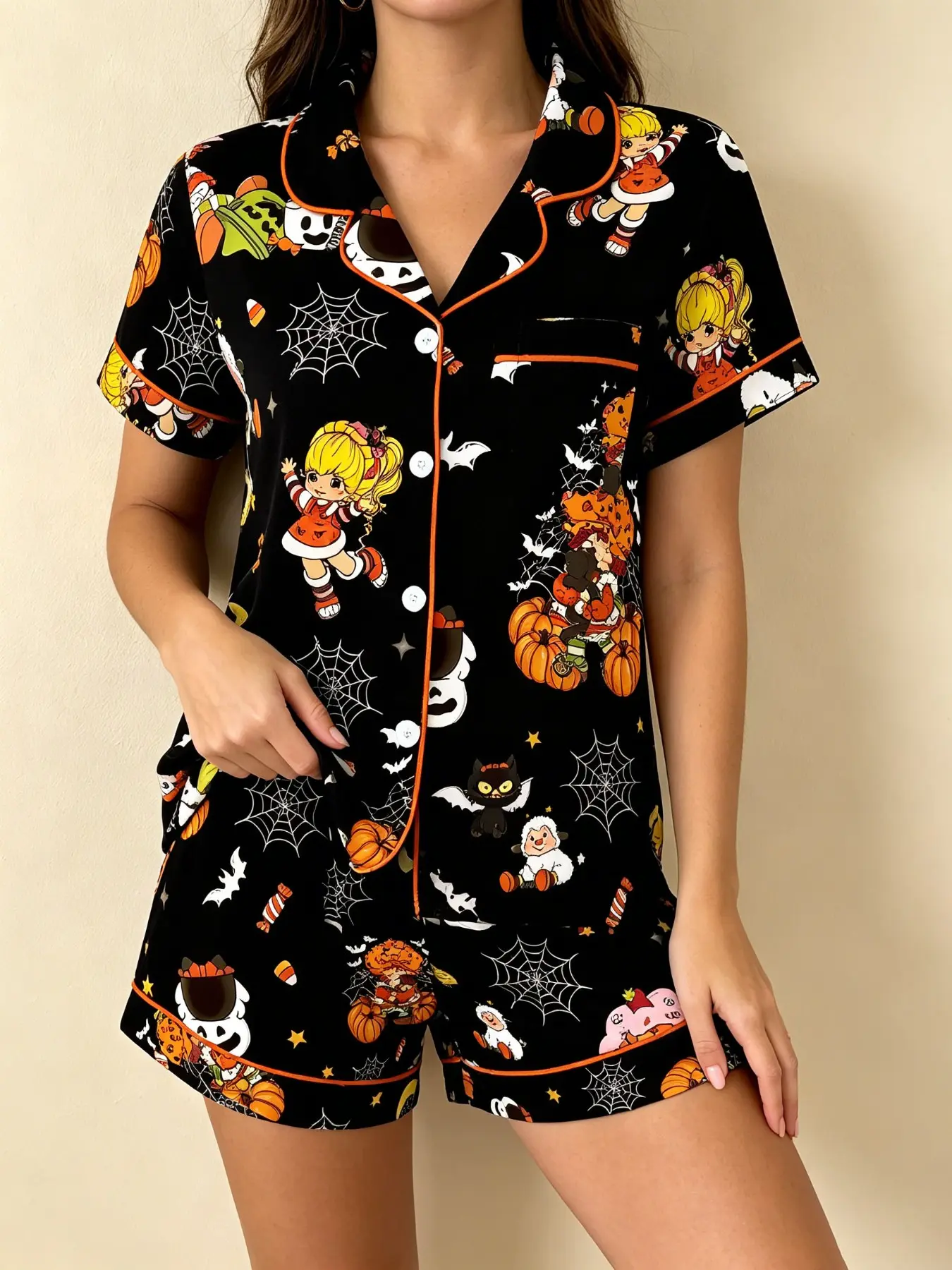 Halloween Strawberry Girl Cartoon Print Women's Pajama Set, Comfortable Wear-Outside Sleepwear, Short Sleeve Button-Up Top and Elastic Shorts