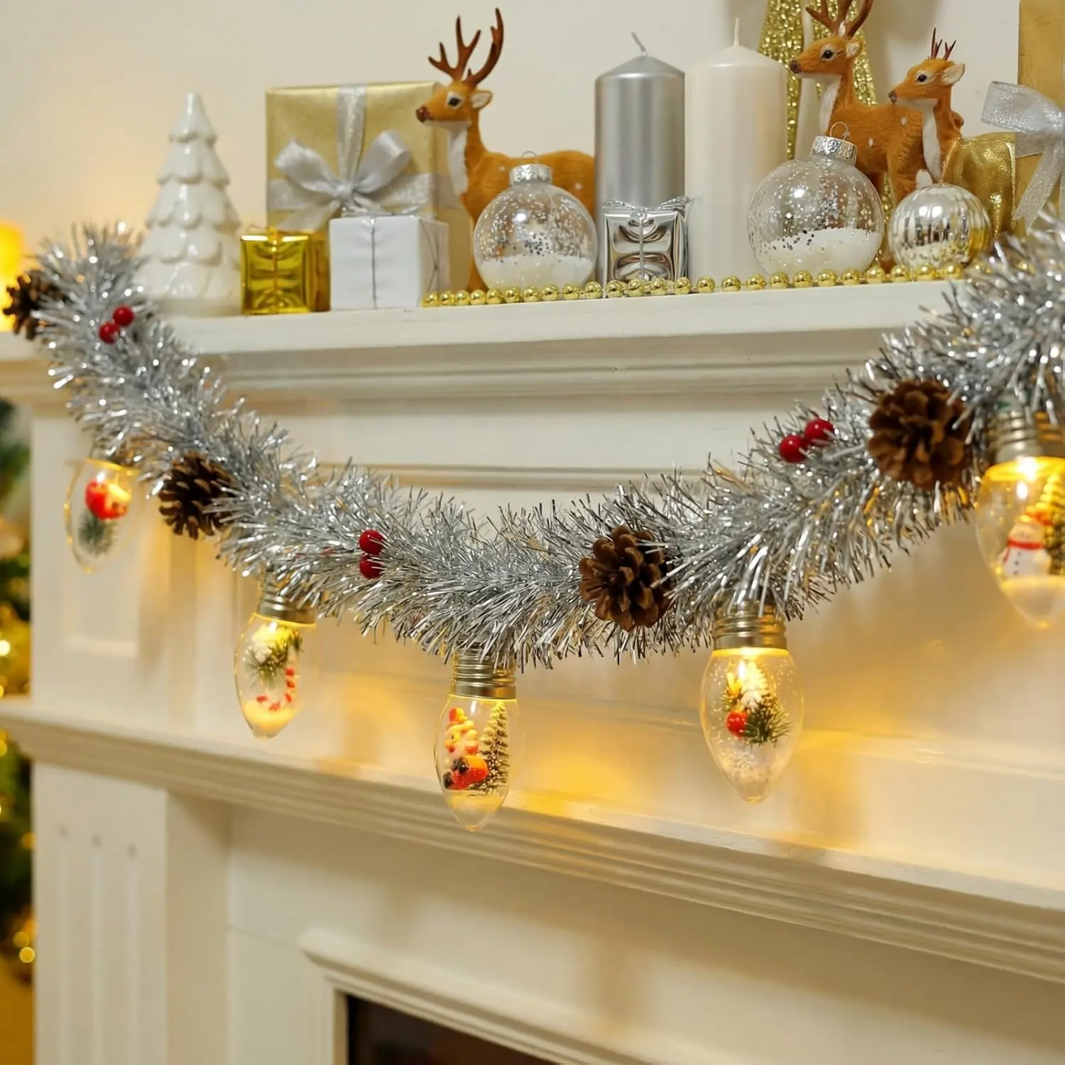 Christmas Garland with Bulbs Lights 6.6 Ft 10 LED Snow Globe String Lights for Christmas Tree Bulb Garland with  Ornaments for Bedroom Table Party Decor  Operated()