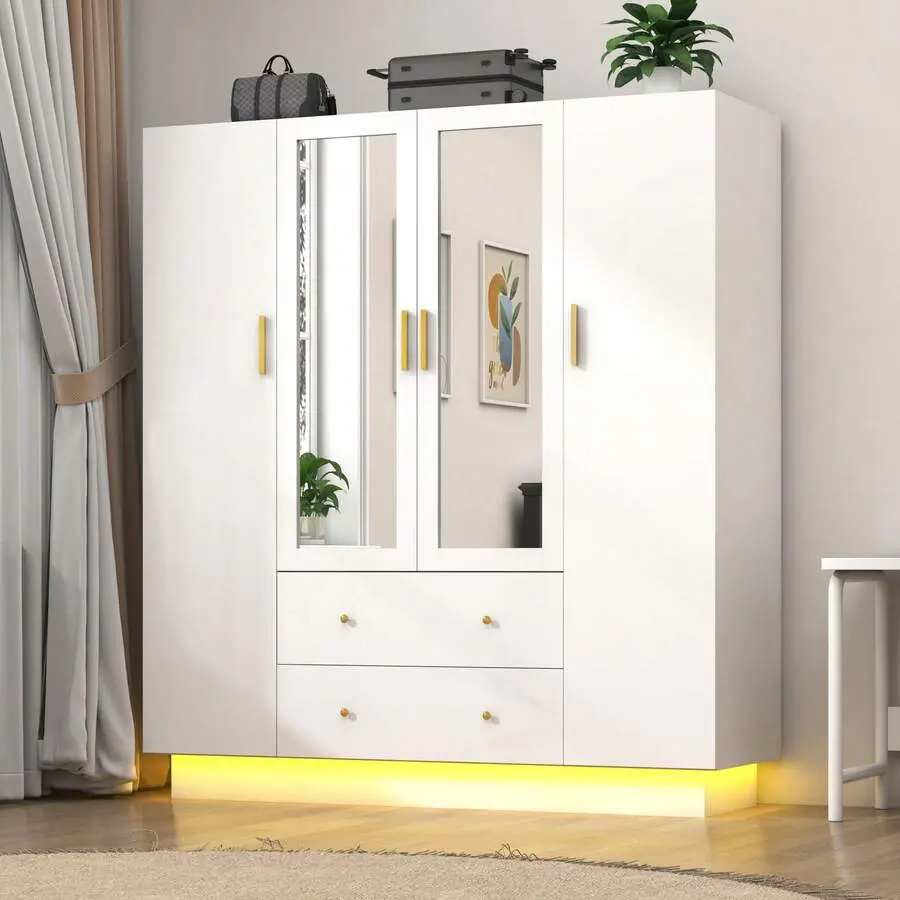 4 Doors Wardrobe Closet With Mirror & LED Lights, Bedroom Armoire With Drawers & Shelves, Modern Wooden Armoire Wardrobe Closet With Hanging Bedroom,White