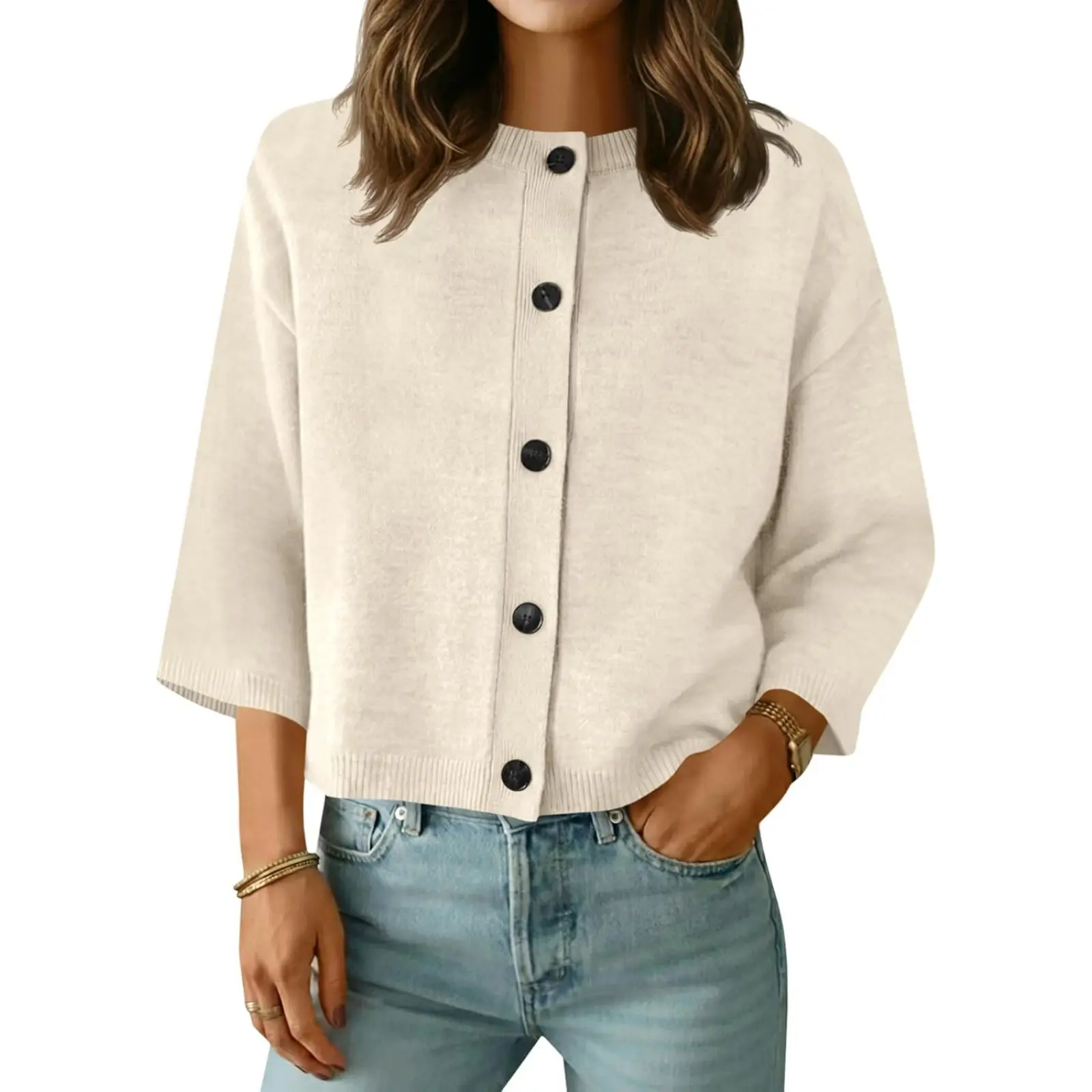 Saodimallsu Women's Basic Short Sleeve Knit Cardigan - Casual Lightweight Round Neck Button-Down Knitwear Tops for Summer with Comfortable Fabric, Knitting, Clothes