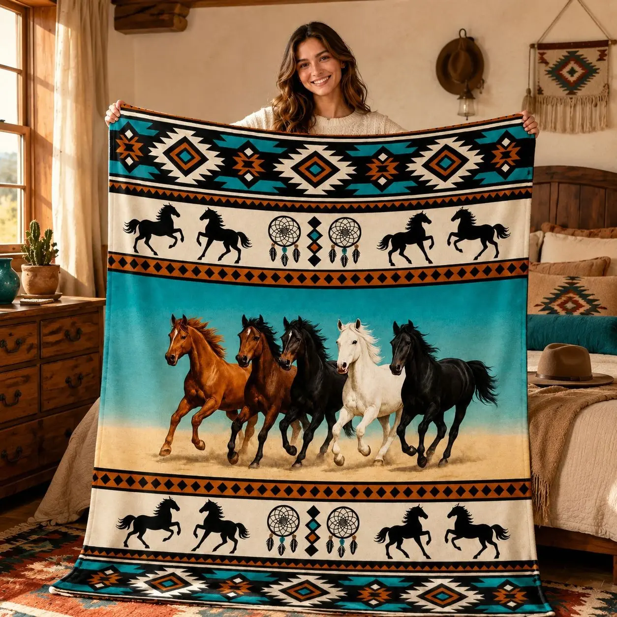 1pc Navajo Tribal Running Horse Dreamcatcher Fleece Blanket, Graphic Throw Blanket, Western Desert Horses Ethnic Geometric Border Print, American Southwest Cowboy Tribal Style. Soft Multi-use Throw for Sofa, Bed, Ideal for Western Cowboy Style Lovers Gi