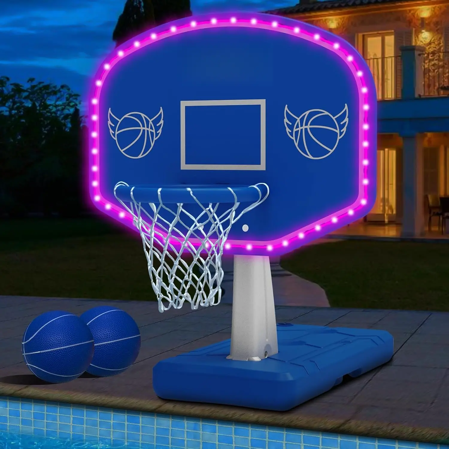 LED Pool Basketball Hoop Poolside, Super Bright Large Solar Powered Basketball Hoop for Pool, Swimming Pool Basketball Game Toys with Lengthen Sturdy Base for Kids Adults, Includes 2 Balls and Pump