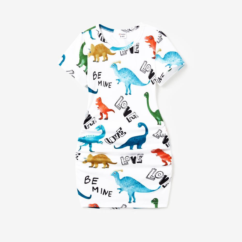 PatPat Family Matching Allover Dinosaur Print Drawstring Ruched Bodycon Dresses and Short-sleeve T-shirts Sets Spingtok