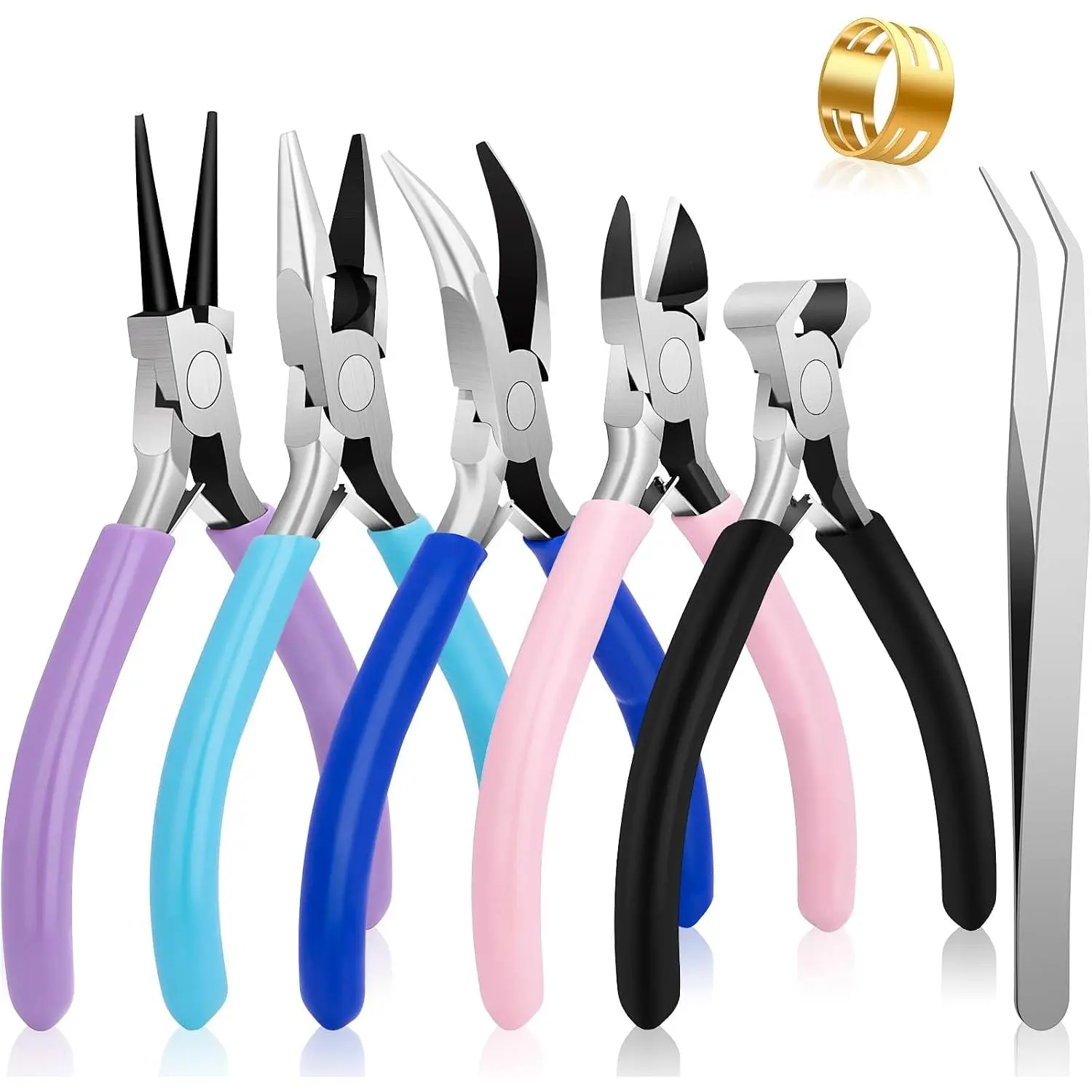 5-piece jewelry pliers tool set, wire wrapping tools for jewelry making| Bracelet and earring making tools, including round pliers, chain pliers, needle-nose pliers, bent pliers, and zipper pliers, repair tool kit, jewelry pliers