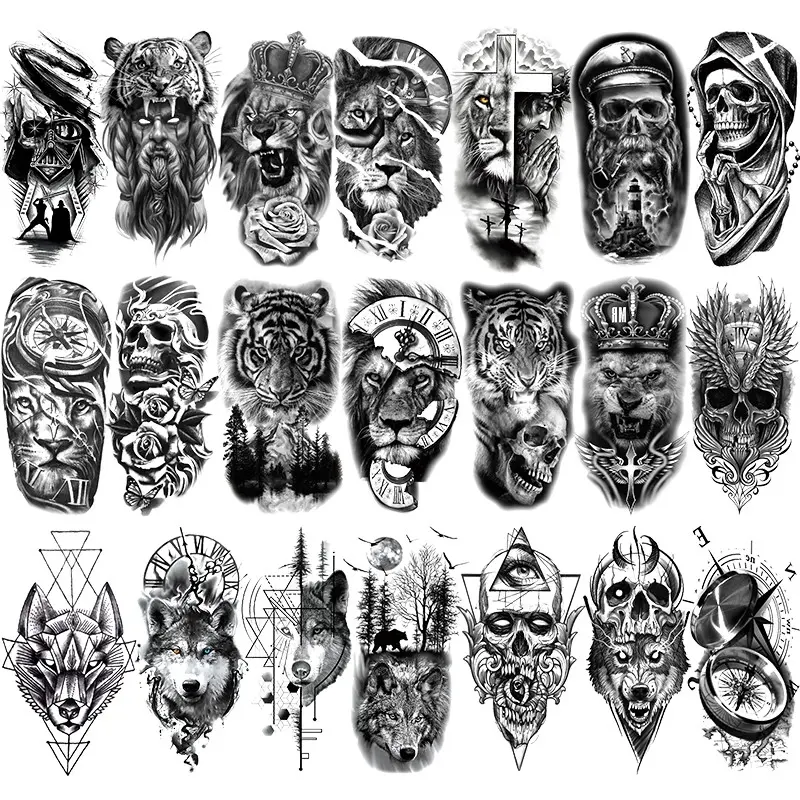 21 Pcs Half Sleeve Temporary Tattoo Stickers, Fake Tattoos, Waterproof Long-Lasting Angel Lion Wolf Skull Design, Halloween & Daily Wear