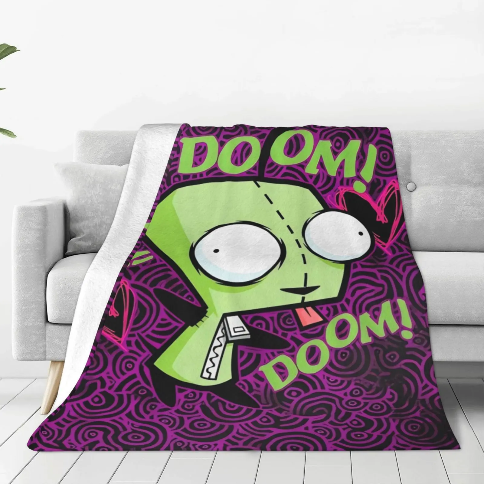 This flannel blanket features an Invader Zim cartoon print and is soft and suitable for all seasons, perfect for the office, sofa, bedroom, or home.