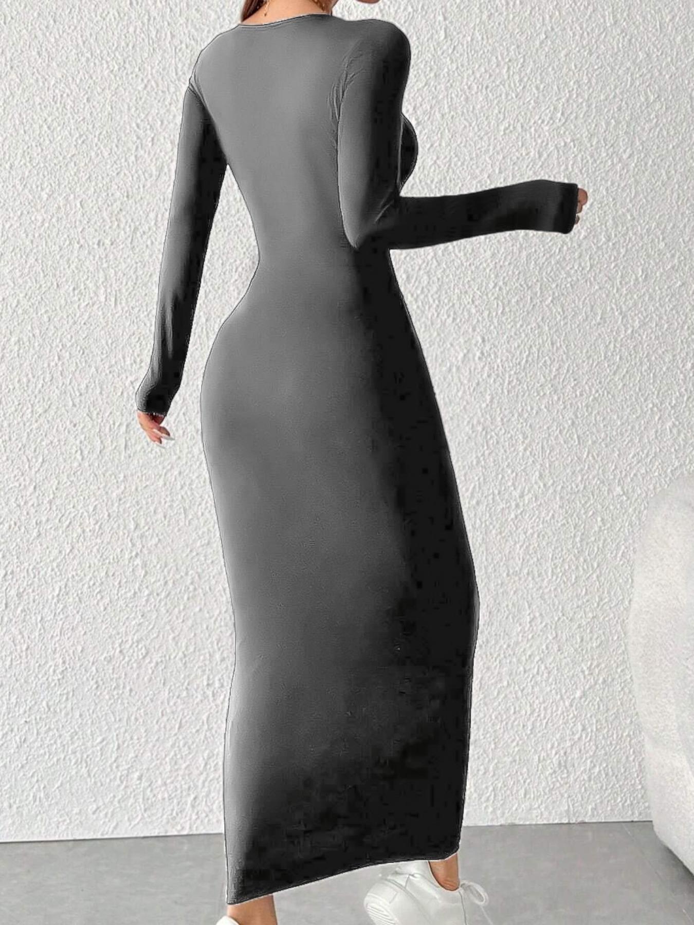 Women's Solid Long Sleeve Slim Bodycon Dress, Chic Basic Minimalist Casual Fashion Scoop Neck Long Dress for Daily Outdoor Wear, Ladies Dress for Spring & Fall