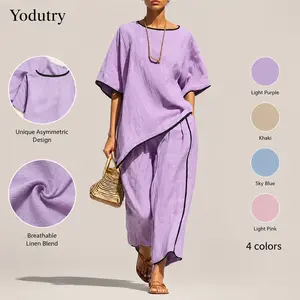 Yodutry Women's Casual Matching Set – Color Block Short Sleeve Shirt & Relaxed Fit Pants