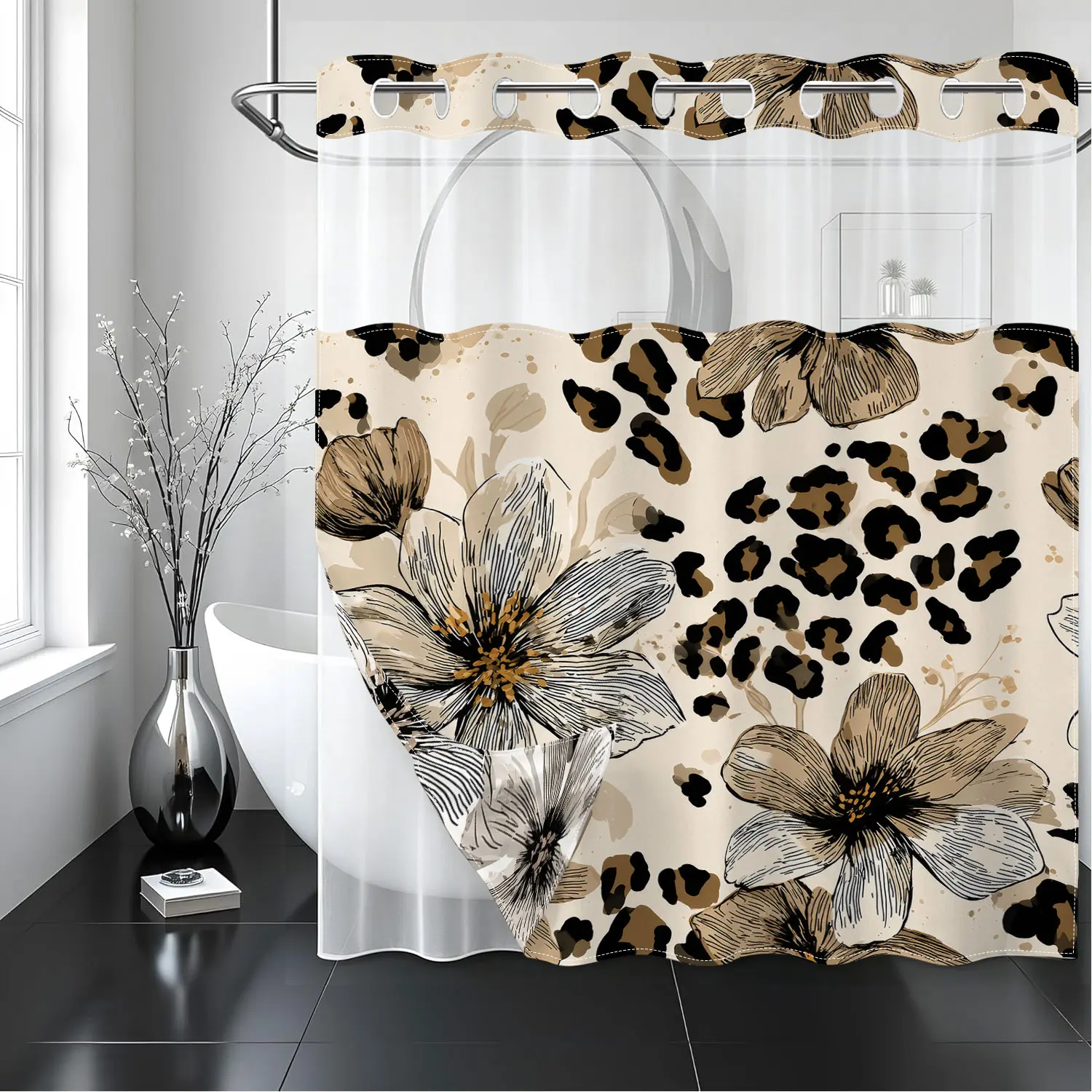 Boho Leopard Floral 2-in-1 Shower Curtain with Liner Set, Neutral Beige Brown Cheetah Animal Print & Botanical Flowers, Double Layer Waterproof Fabric for Master Guest Bathroom Decor