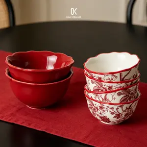 Red and White Ceramic Bowls Set, Scalloped Porcelain Bowls for Dessert Salad Fruit, Retro Floral Wavy Edge Nesting Bowls, Microwave Safe Dinnerware