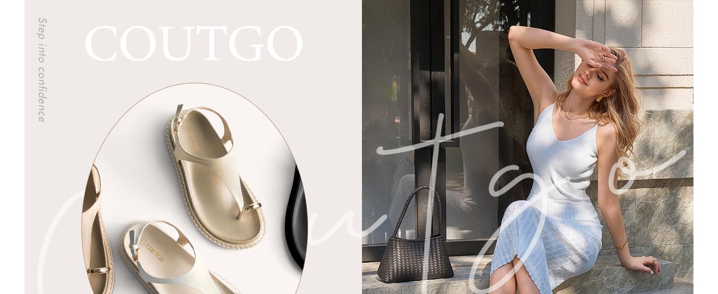 Coutgo Women's Toe Ring Flat Sandals Comfortable Flip Flops T Strap Footbed Sandals Ankle Strap Summer Beach Shoes