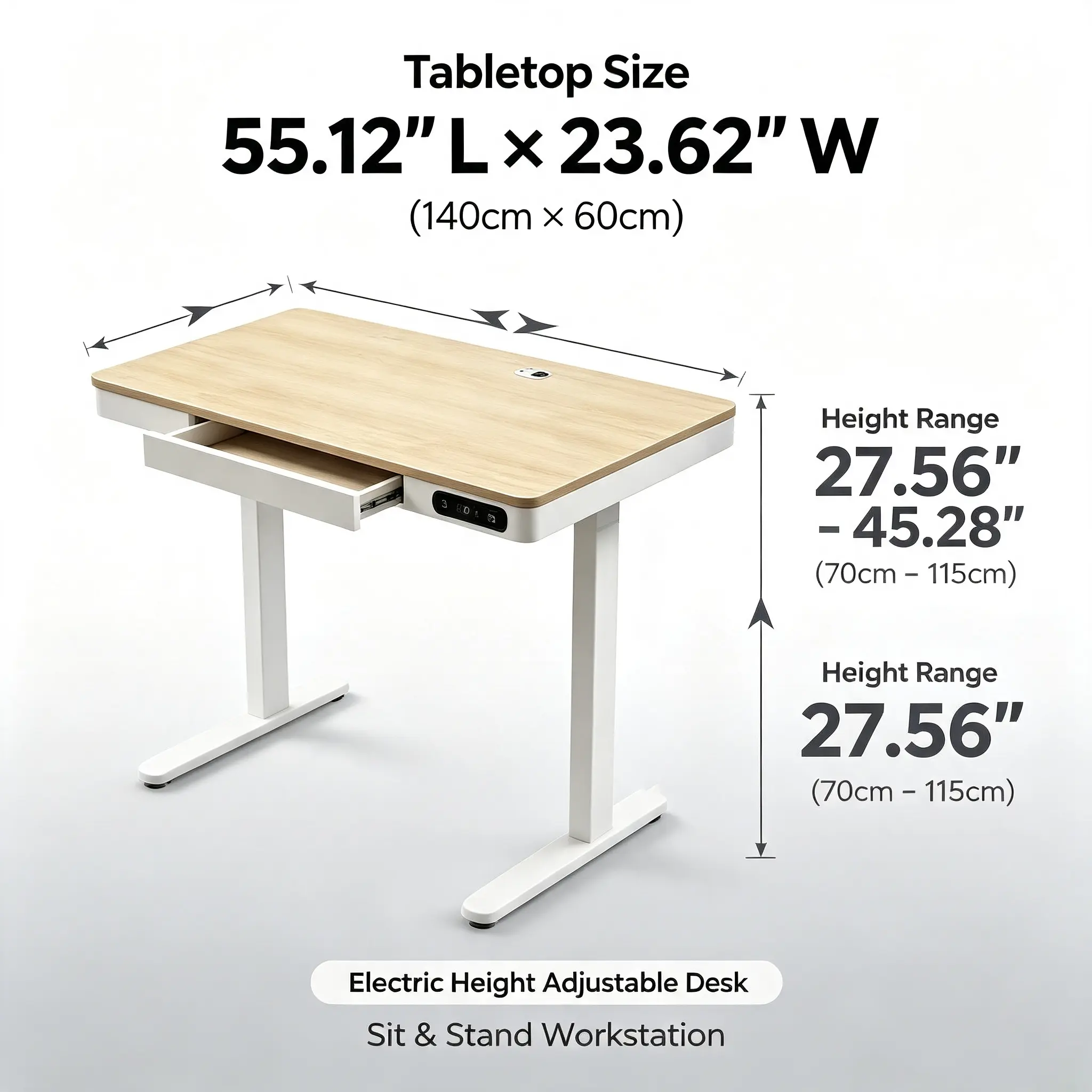 Wood Top Electric Sit Stand Desk with Built-in Storage Drawer, Height Adjustable Smart Standing Desk, Anti-Collision Protection, Memory Height Settings for Work From Home & Study Room