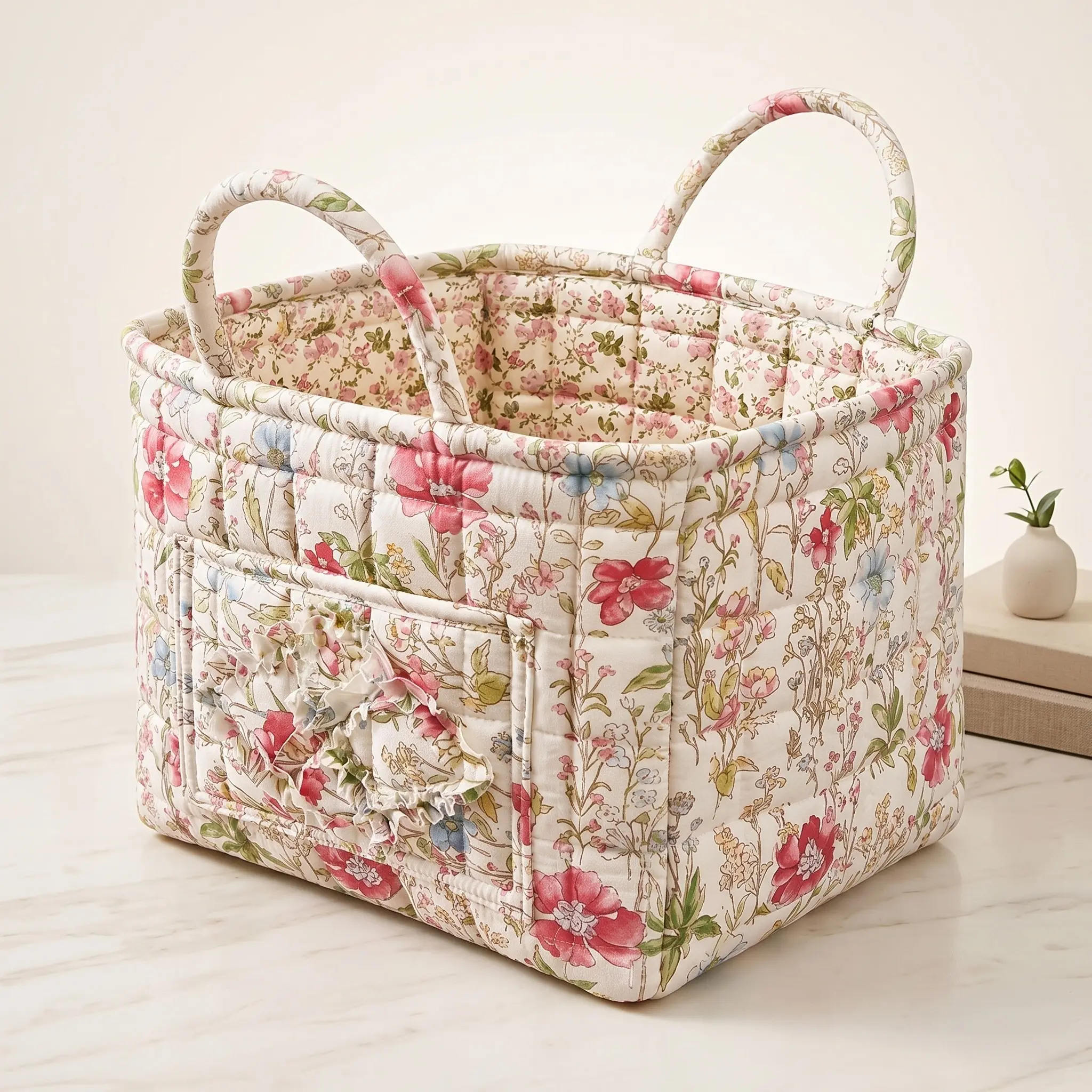 Cottagecore Floral Quilted Storage Basket with Handles | Aesthetic Fabric Organizer Bin for Bedroom Shelf, Closet & Cosmetics | Everyday Room Decor Essential