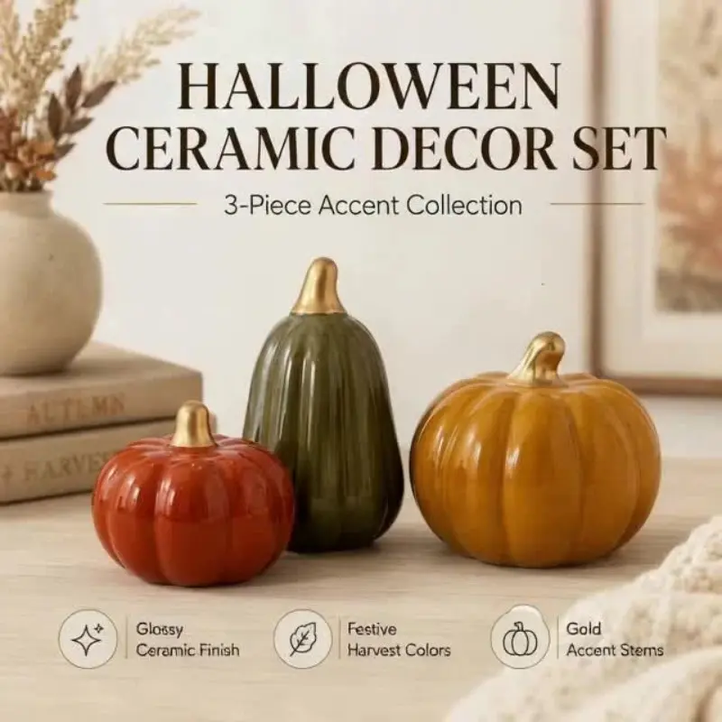 3-Piece Ceramic Accent Pumpkin Decor Set, Halloween Autumn Home Decoration, Living Room Desk Entryway Ornament, Festive Pumpkin Holiday Decorations
