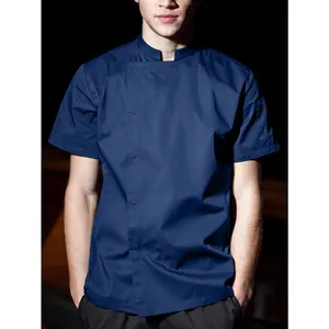 Spring Summer Men'S Solid Color Stand-Up Collar Short Sleeve Chef Uniform Hotel Restaurant Back Kitchen Cooking Outfit Lightweight Comfortable Breathable Chef Workwear