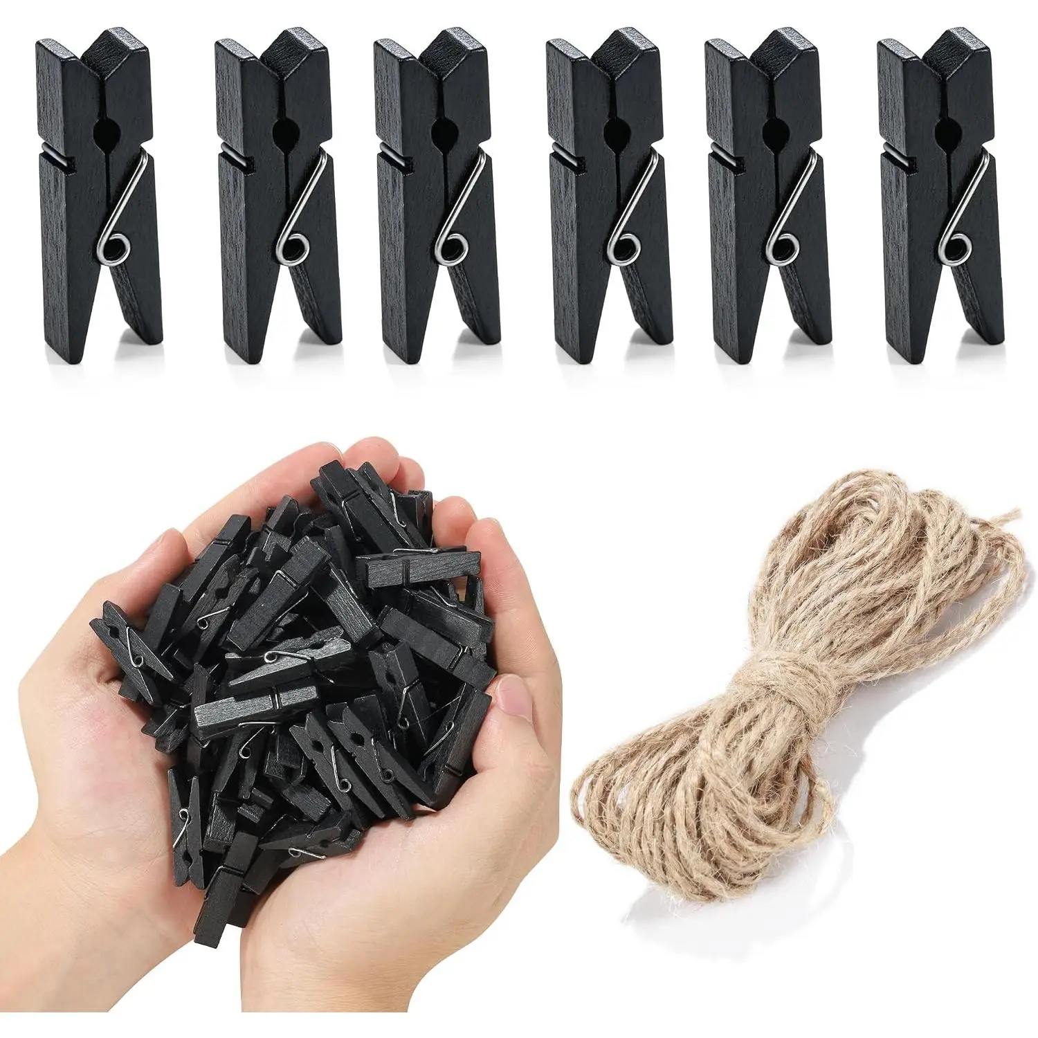 Mini Photo Clips, 100 count Black Clothes Pins for Photos, Black Wooden Clothespins with Jute Twine, Small Clothes Pins  Clothespins for Photos, Crafts, Pictures, Party Decorations