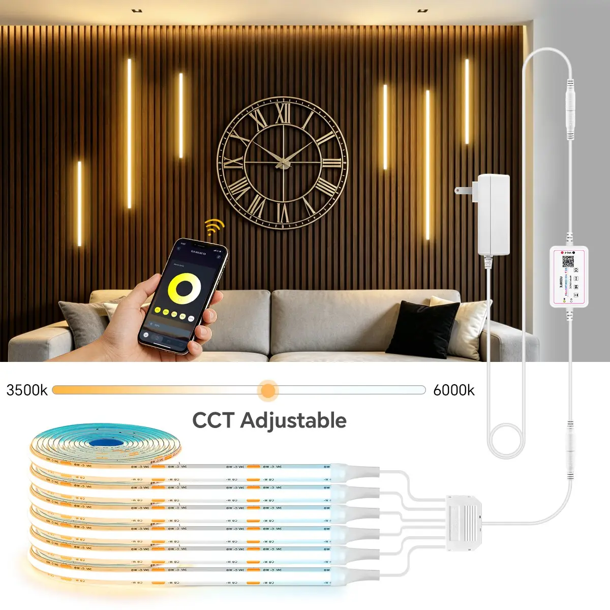 2/4/6-In-1 Bluetooth-compatible CCT 3000k-6500k Dimmable COB LED Strip Light, Ideal for Acoustic Wood Slats, TV Background, Cabinet Decor, Us Plug
