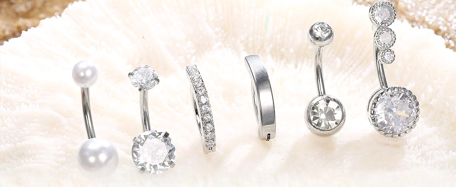 LOLIAS Silver/Gold Plated Belly Button Rings Surgical Stainless Steel Belly Rings CZ Clicker Belly Button Piercings for Women Navel Piercings Pack,Silver/Gold